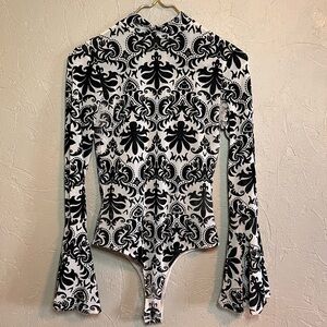 Forever 21 Sheer Mesh Velvet Baroque Bell Sleeve Mock Neck Bodysuit